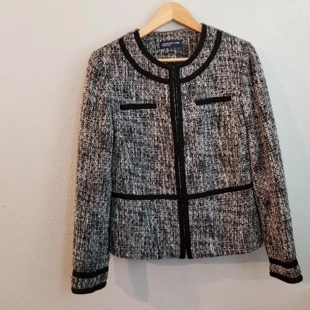 Jones New York Women's Jacket 10 Gray Cotton Full Zipper Long Sleeves Tweed